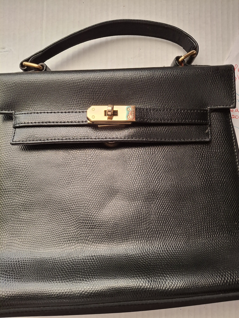 Valarie Stevens Classic Black Leather Top-Handle Bag with Gold Hardware